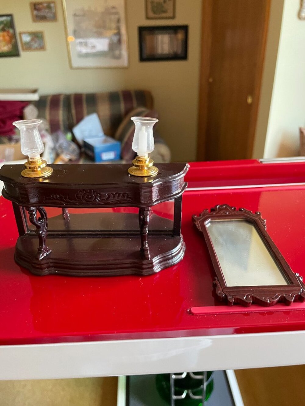 Vintage Miniature Dollhouse Wood Credenza/Hall Table with 2 Lamps and Mirror